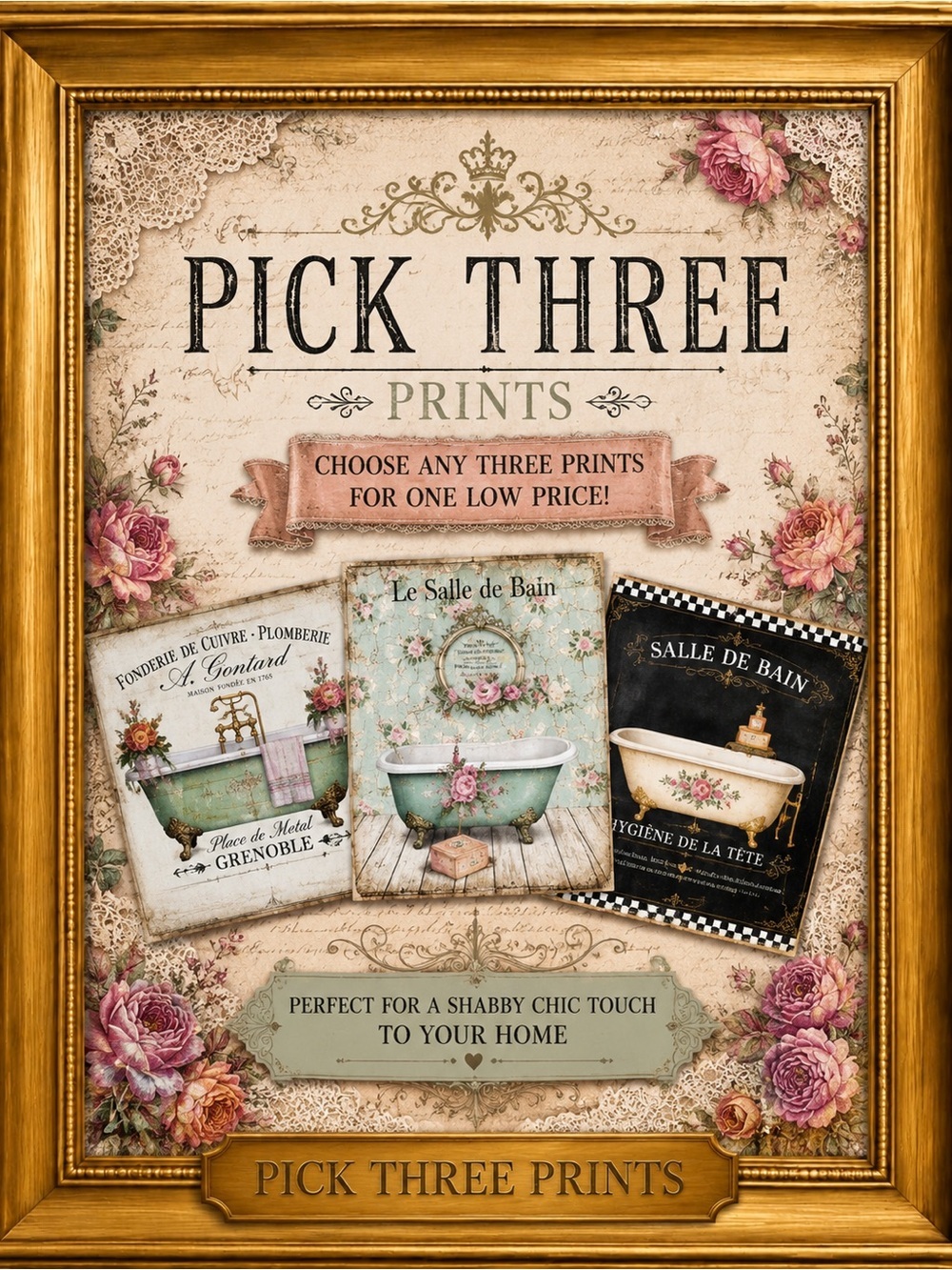 Pick 3 Vtg Shabby Chic Prints | Victorian French Cottage Wall Art Bathroom Decor
